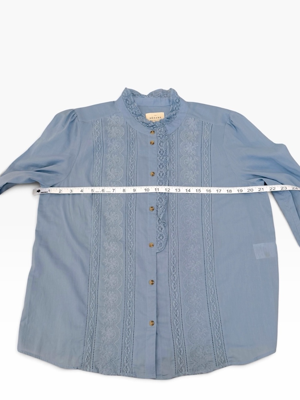 Sézane Chlo Shirt Vintage Blue Lace Ruffle Collar Size 42/10/ M US Cottagecoe - Picture 12 of 14